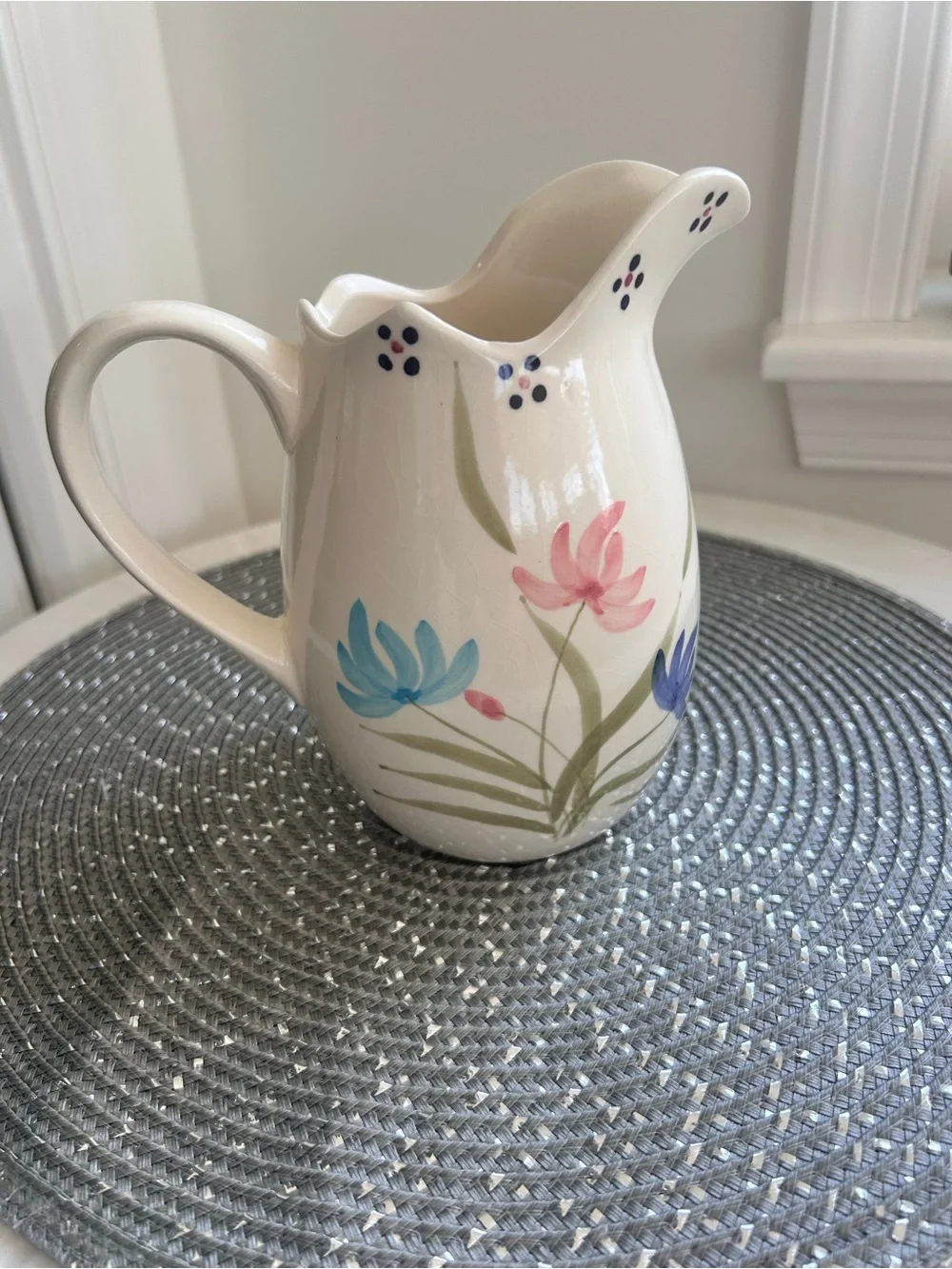 Vintage 1970s Roseville Pottery Floral Ceramic Pitcher Vase vessel W Handle